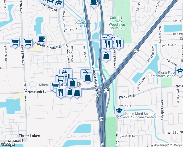 map of restaurants, bars, coffee shops, grocery stores, and more near 12582 Southwest 119th Court in Miami