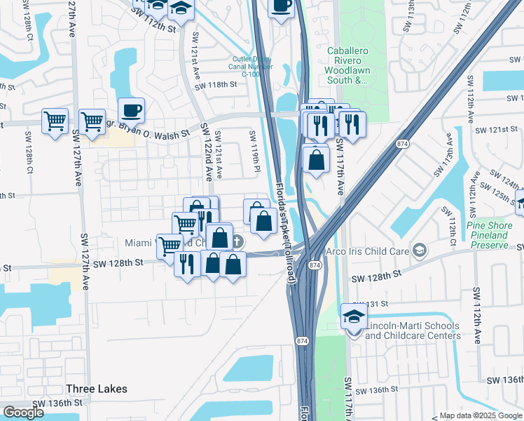 map of restaurants, bars, coffee shops, grocery stores, and more near 12582 Southwest 119th Court in Miami