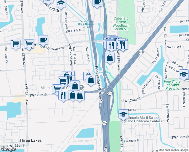 map of restaurants, bars, coffee shops, grocery stores, and more near 12582 Southwest 119th Court in Miami