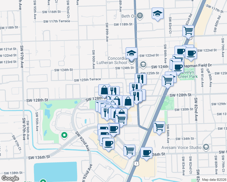 map of restaurants, bars, coffee shops, grocery stores, and more near 8861 Southwest 127th Terrace in Miami