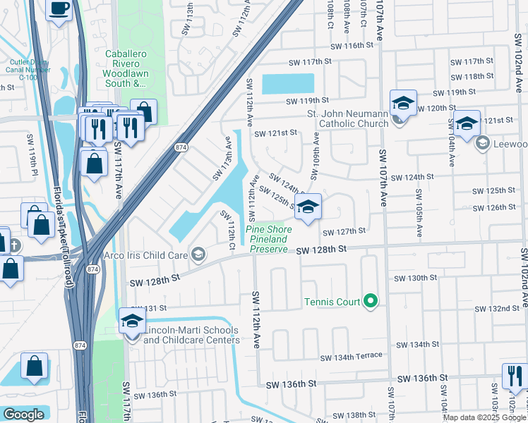 map of restaurants, bars, coffee shops, grocery stores, and more near 11125 Southwest 126th Street in Miami