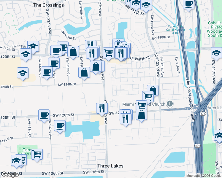 map of restaurants, bars, coffee shops, grocery stores, and more near 12524 Southwest 126th Avenue in Miami