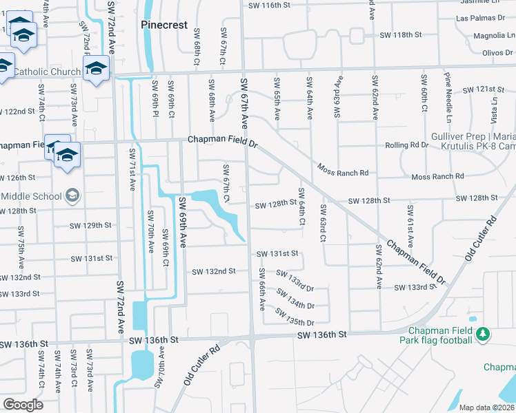 map of restaurants, bars, coffee shops, grocery stores, and more near 6600 Southwest 128th Street in Miami