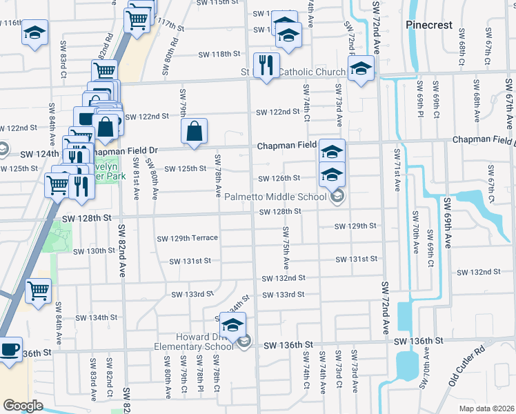 map of restaurants, bars, coffee shops, grocery stores, and more near 7690 Southwest 128th Street in Miami