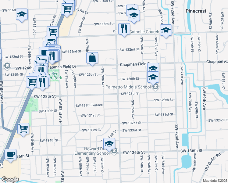 map of restaurants, bars, coffee shops, grocery stores, and more near 7740 Southwest 128th Street in Miami