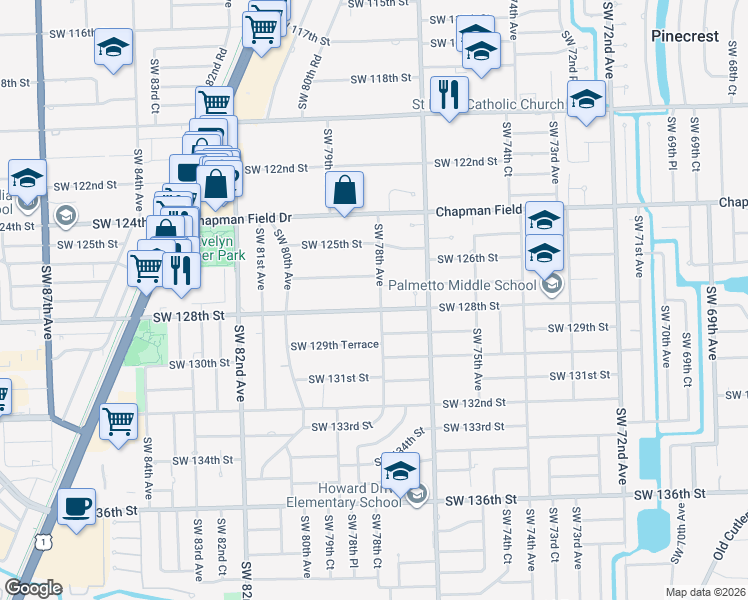 map of restaurants, bars, coffee shops, grocery stores, and more near 7800 Southwest 128th Street in Miami