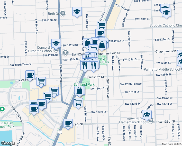 map of restaurants, bars, coffee shops, grocery stores, and more near 12751 Southwest 128th Street in Pinecrest