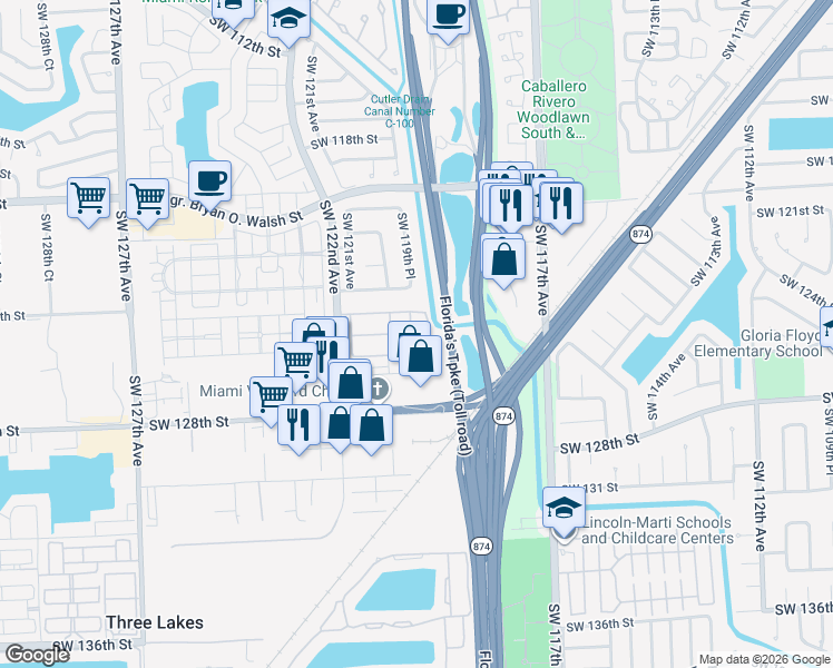 map of restaurants, bars, coffee shops, grocery stores, and more near 12582 Southwest 119th Court in Miami