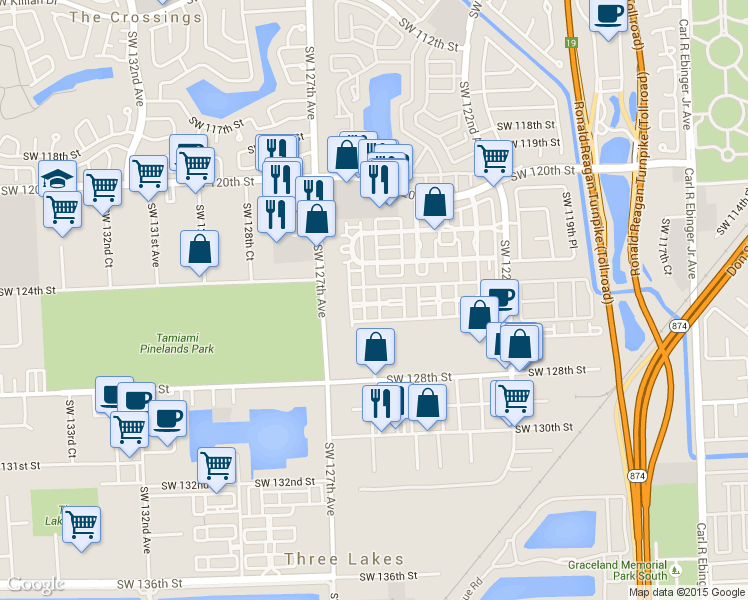 map of restaurants, bars, coffee shops, grocery stores, and more near 12524 Southwest 124th Path in Miami
