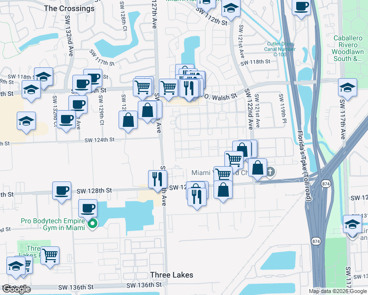 map of restaurants, bars, coffee shops, grocery stores, and more near 12524 Southwest 124th Path in Miami