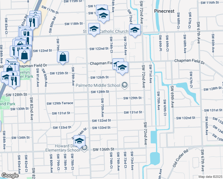 map of restaurants, bars, coffee shops, grocery stores, and more near 12801 Southwest 74th Court in Miami