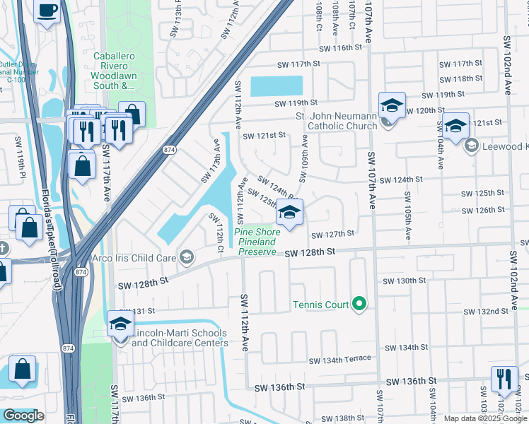 map of restaurants, bars, coffee shops, grocery stores, and more near 11125 Southwest 126th Street in Miami