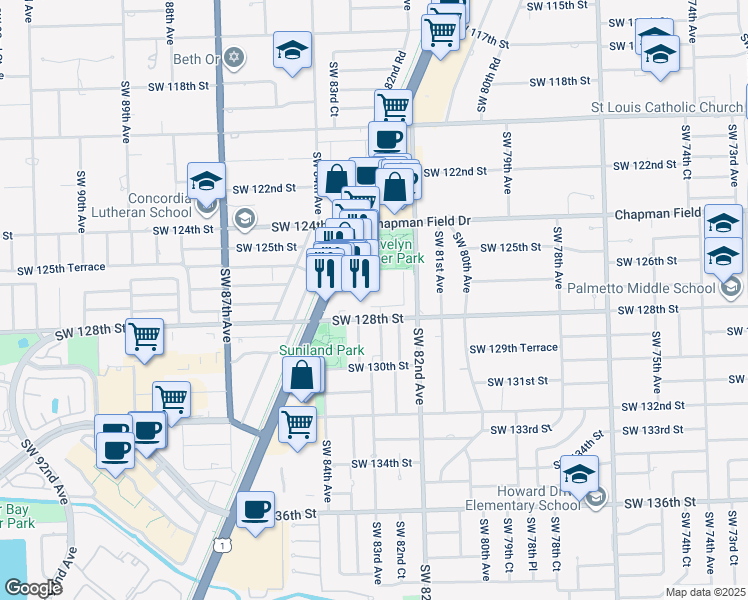 map of restaurants, bars, coffee shops, grocery stores, and more near 12800 Southwest 82nd Place in Miami