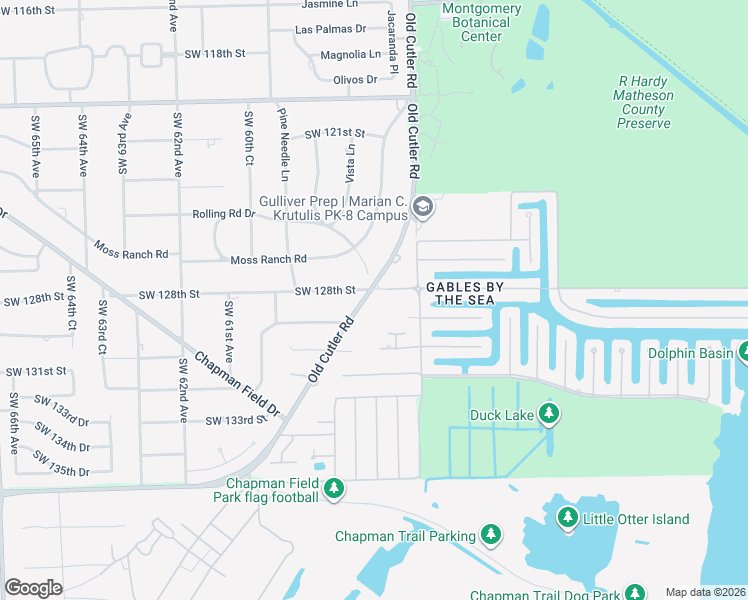 map of restaurants, bars, coffee shops, grocery stores, and more near 12855 Old Cutler Road in Pinecrest