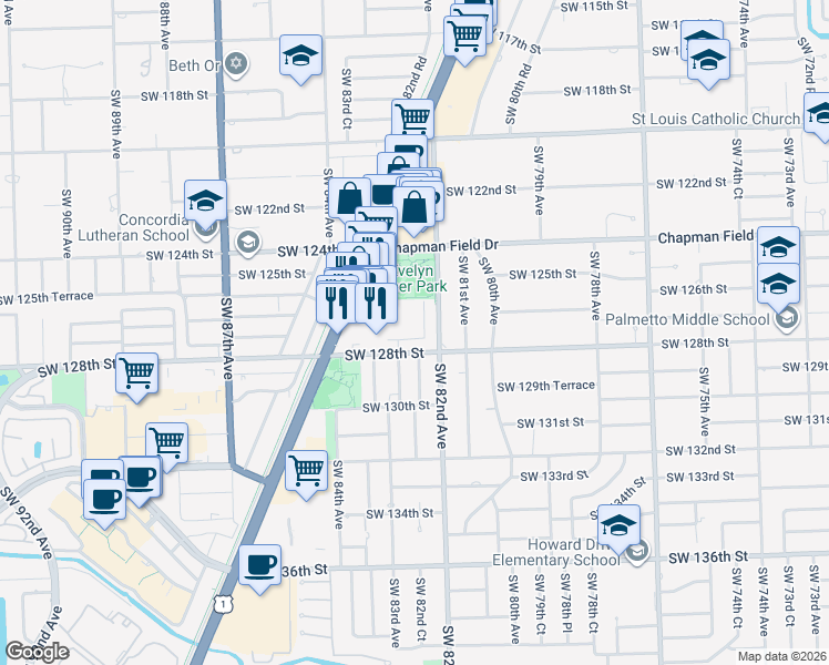 map of restaurants, bars, coffee shops, grocery stores, and more near 12800 Southwest 82nd Avenue in Miami