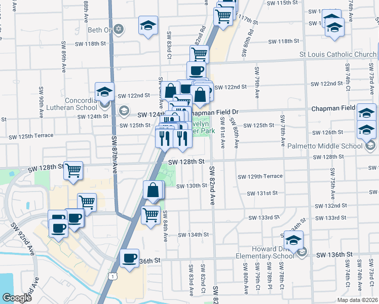 map of restaurants, bars, coffee shops, grocery stores, and more near 12800 Southwest 82nd Place in Miami