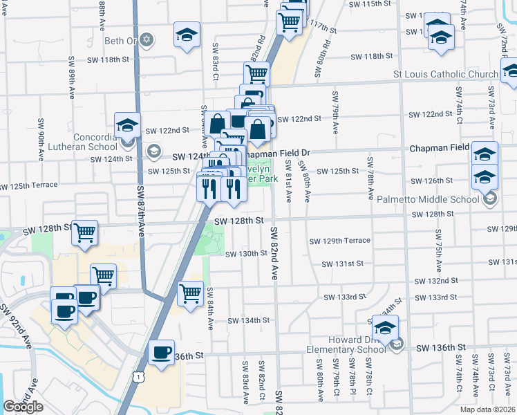 map of restaurants, bars, coffee shops, grocery stores, and more near 12800 Southwest 82nd Avenue in Miami