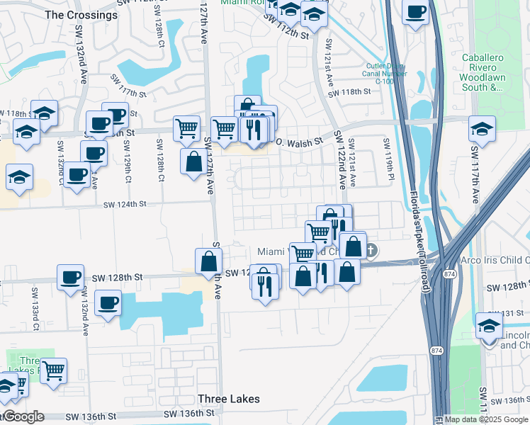 map of restaurants, bars, coffee shops, grocery stores, and more near 12529 Southwest 124th Court in Miami