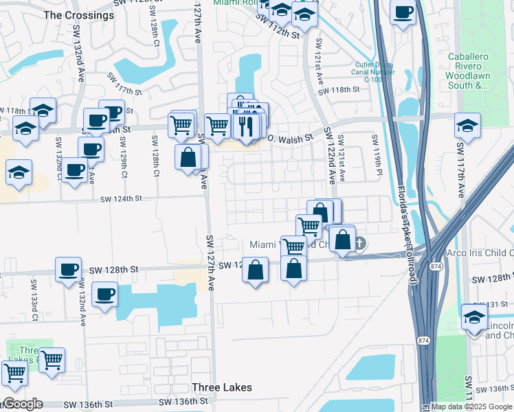 map of restaurants, bars, coffee shops, grocery stores, and more near 12390 Southwest 123rd Pass in Miami