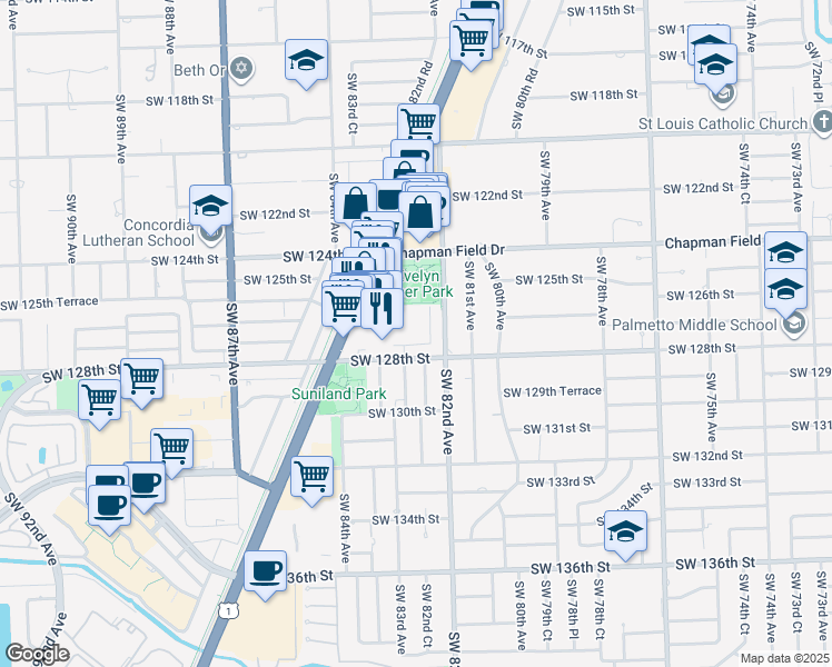 map of restaurants, bars, coffee shops, grocery stores, and more near 8287 Southwest 128th Street in Miami
