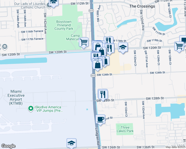 map of restaurants, bars, coffee shops, grocery stores, and more near 12281-12491 Lindgren Road in Miami