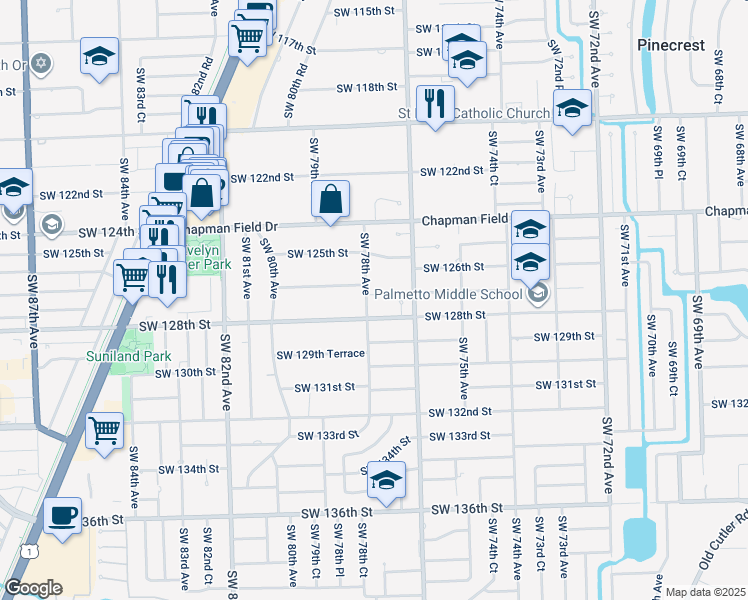map of restaurants, bars, coffee shops, grocery stores, and more near 12650 Southwest 78th Avenue in Pinecrest