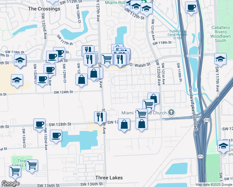 map of restaurants, bars, coffee shops, grocery stores, and more near 12437 Southwest 125th Court in Miami