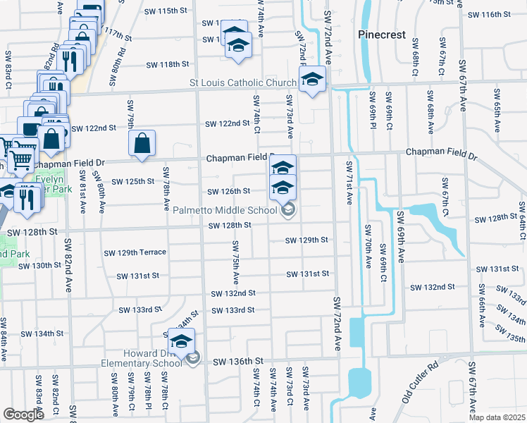 map of restaurants, bars, coffee shops, grocery stores, and more near 7425 Southwest 127th Street in Miami