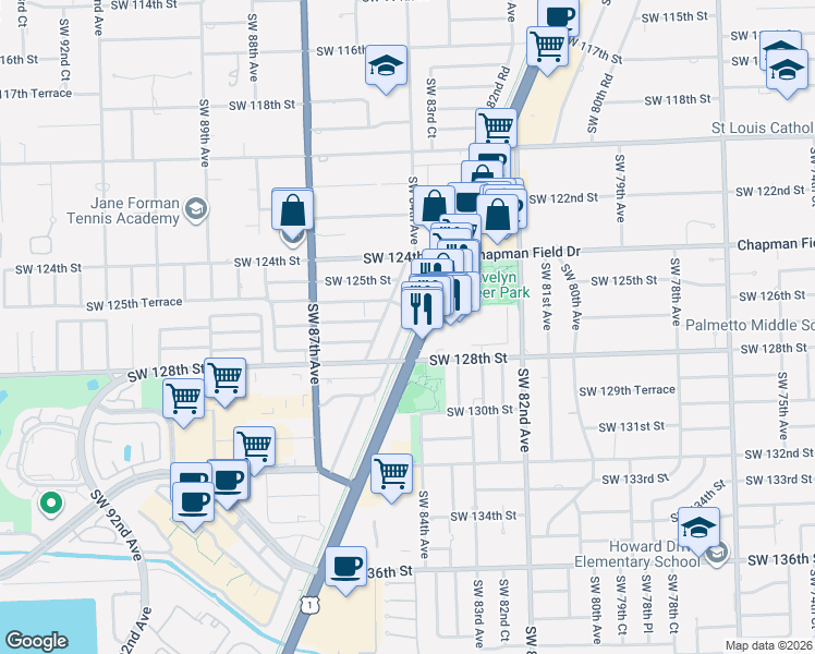 map of restaurants, bars, coffee shops, grocery stores, and more near 12610 Southwest 84th Avenue Road in Miami
