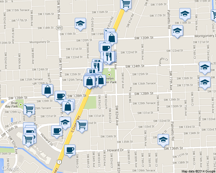 map of restaurants, bars, coffee shops, grocery stores, and more near 8287 Southwest 128th Street in Miami