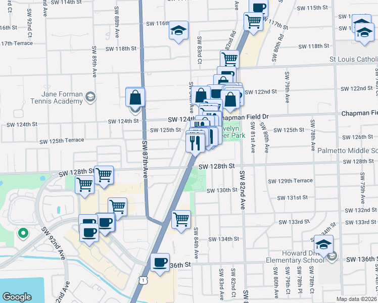 map of restaurants, bars, coffee shops, grocery stores, and more near 12610 Southwest 84th Avenue Road in Miami