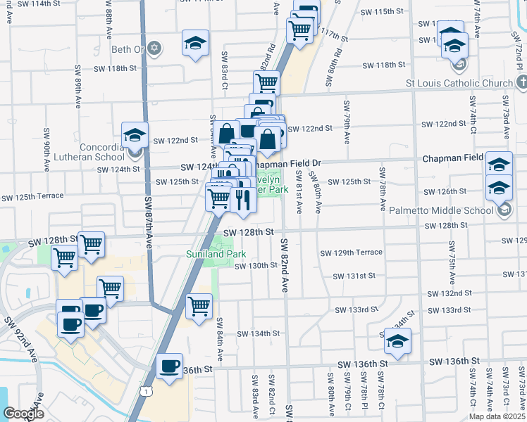map of restaurants, bars, coffee shops, grocery stores, and more near 8287 Southwest 128th Street in Miami