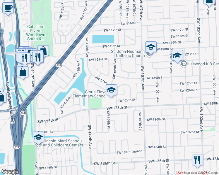 map of restaurants, bars, coffee shops, grocery stores, and more near 12461 Southwest 109th Avenue in Miami