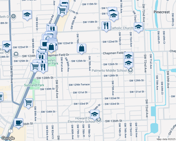 map of restaurants, bars, coffee shops, grocery stores, and more near 12650 Southwest 78th Avenue in Pinecrest