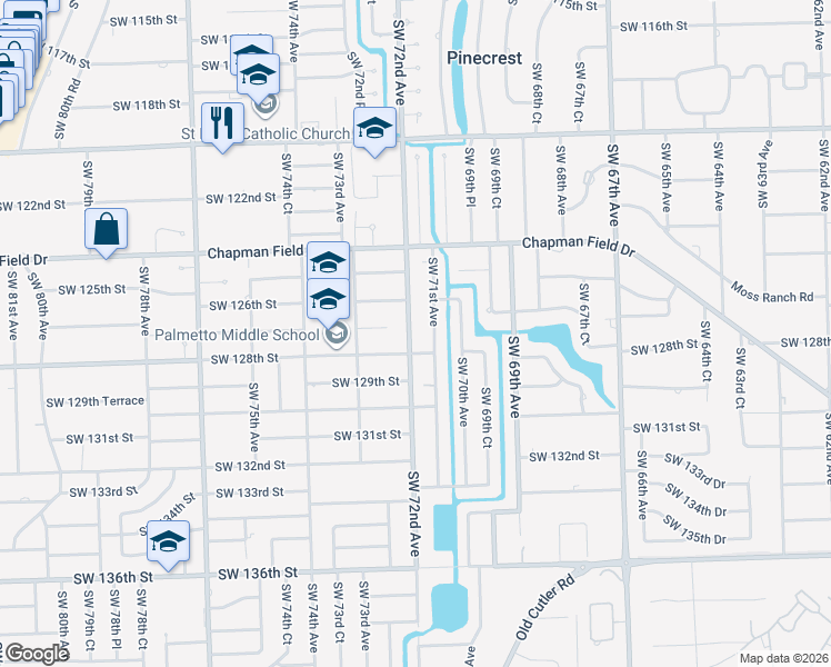 map of restaurants, bars, coffee shops, grocery stores, and more near 12700 Southwest 72nd Avenue in Pinecrest