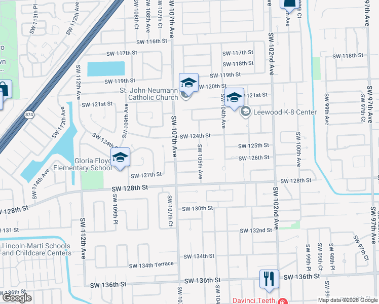 map of restaurants, bars, coffee shops, grocery stores, and more near 12420 Southwest 105th Avenue in Miami