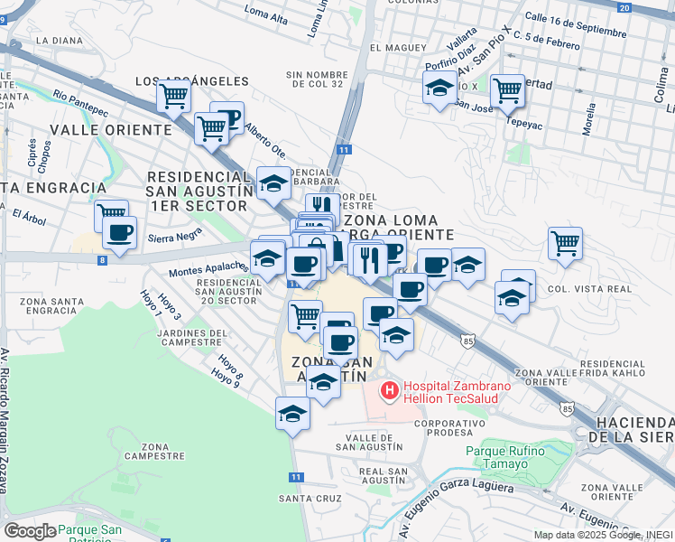 map of restaurants, bars, coffee shops, grocery stores, and more near 1010 Avenida Lázaro Cárdenas in San Pedro Garza García