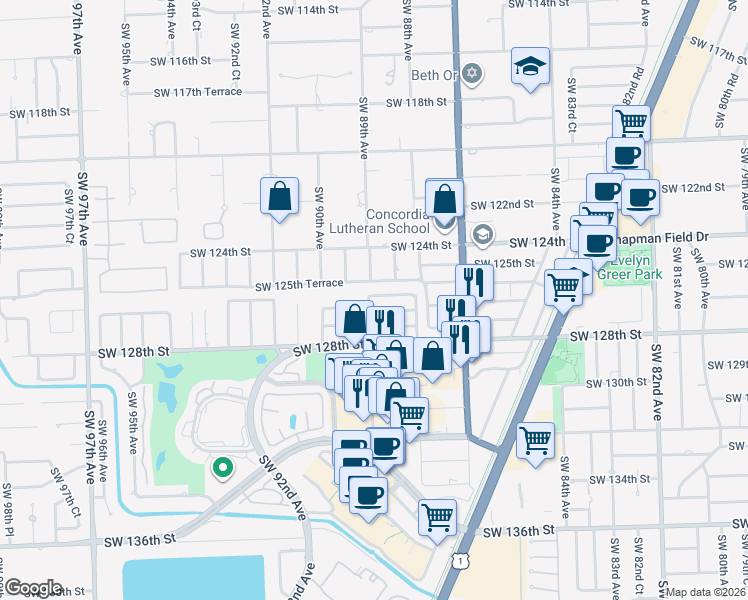 map of restaurants, bars, coffee shops, grocery stores, and more near 12601 Southwest 89th Avenue in Miami