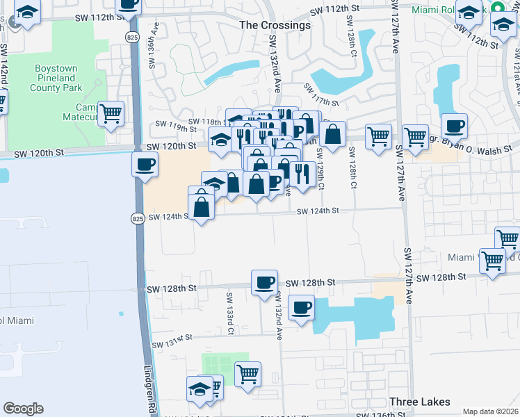 map of restaurants, bars, coffee shops, grocery stores, and more near 13297 Southwest 124th Street in Miami