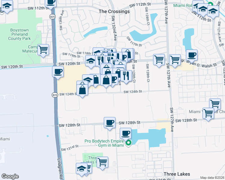 map of restaurants, bars, coffee shops, grocery stores, and more near 13297 Southwest 124th Street in Miami