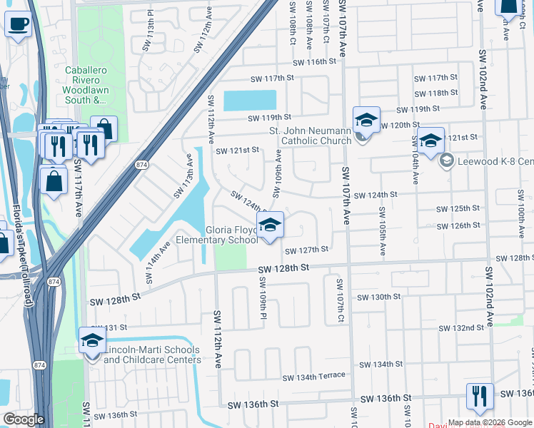 map of restaurants, bars, coffee shops, grocery stores, and more near 12461 Southwest 109th Avenue in Miami