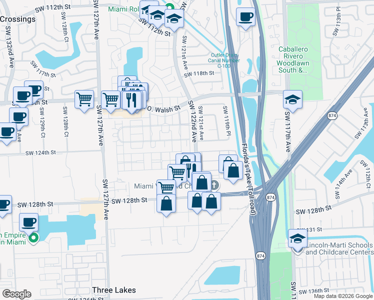 map of restaurants, bars, coffee shops, grocery stores, and more near 12415 Southwest 122nd Path in Miami