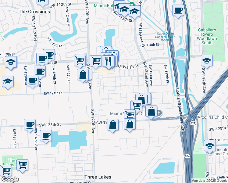 map of restaurants, bars, coffee shops, grocery stores, and more near 12390 Southwest 123rd Pass in Miami