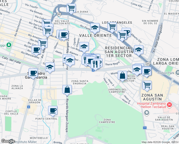 map of restaurants, bars, coffee shops, grocery stores, and more near 154 Avenida José Vasconcelos in San Pedro Garza García