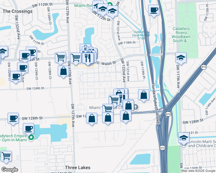 map of restaurants, bars, coffee shops, grocery stores, and more near 12337 Southwest 124th Terrace in Miami