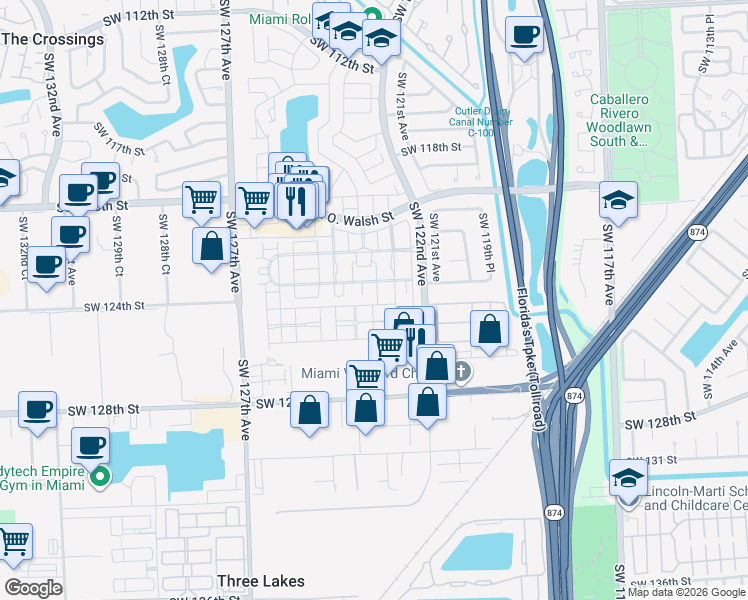 map of restaurants, bars, coffee shops, grocery stores, and more near 12337 Southwest 124th Terrace in Miami