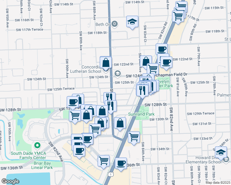 map of restaurants, bars, coffee shops, grocery stores, and more near 8625 SW 126th Terrace in Miami