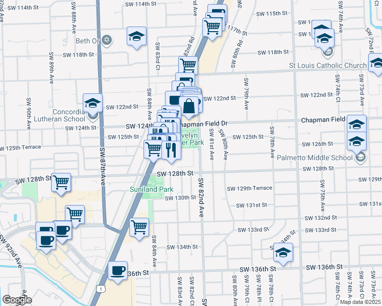 map of restaurants, bars, coffee shops, grocery stores, and more near 12630 Southwest 82nd Avenue in Miami