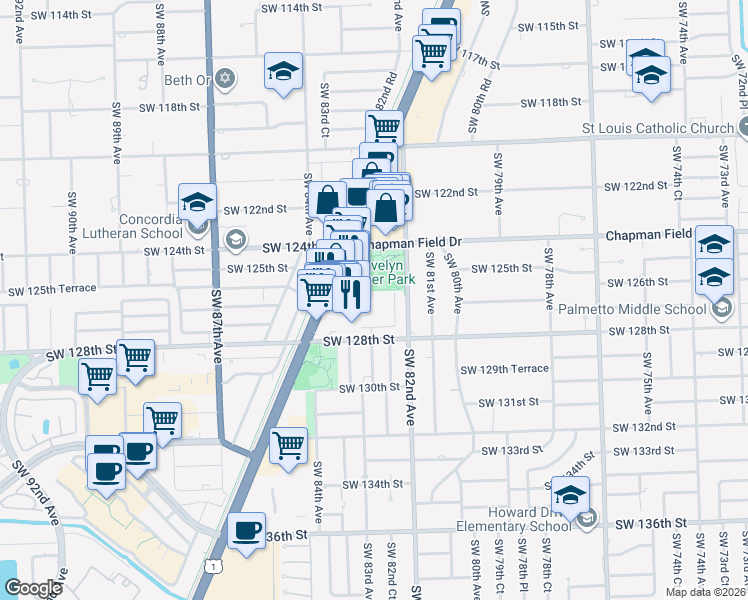 map of restaurants, bars, coffee shops, grocery stores, and more near 8287 Southwest 128th Street in Miami
