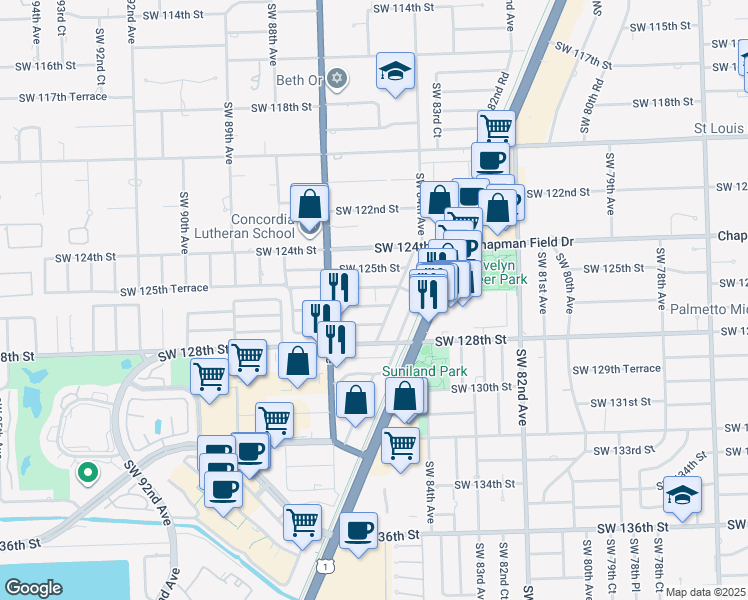 map of restaurants, bars, coffee shops, grocery stores, and more near 8535 Southwest 126th Terrace in Miami